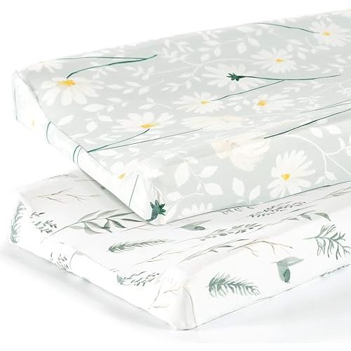 GRSSDER Stretch Ultra Soft Jersey Knit Changing Pad Cover Set 2 Pack, Change Table Pad Covers Fit 32"/34" x 16" Pads Safe and Snug, Pretty Watercolor Daisy Flowers for Baby Girls