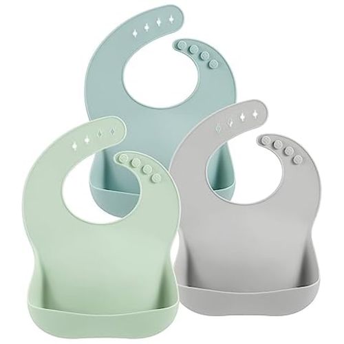 PandaEar Set of 3 Silicone Baby Bibs Waterproof, Soft, Unisex, 10-72 Months (Brown/Blue/Green)