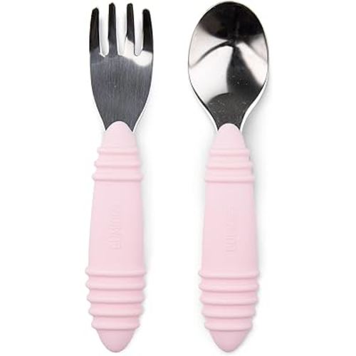 Bumkins Toddler Utensils, Kids Size Fork and Spoon Set, Silicone and Stainless-Steel Training Silverware, Angled Forks / Sporks for Self-Feeding, Children Hold Learning to Eat, 18 Months Up, Pink