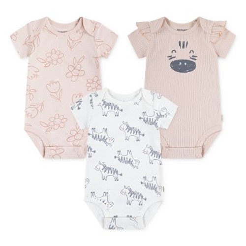 Huggies Baby Girls' Zebras 3pk Short Sleeve Bodysuit - Pink Newborn: Organic Cotton, Lightweight Knit, Crotch Snap Closure
