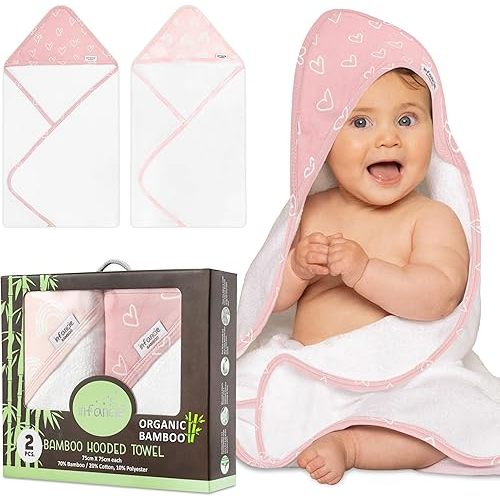 Baby Hooded Towel, Premium Bamboo Infant, 2-Pack, 75x75 cm, Soft Newborn Bath with Hood for Baby Girls & Boys (Pink/Peach, 75x75)