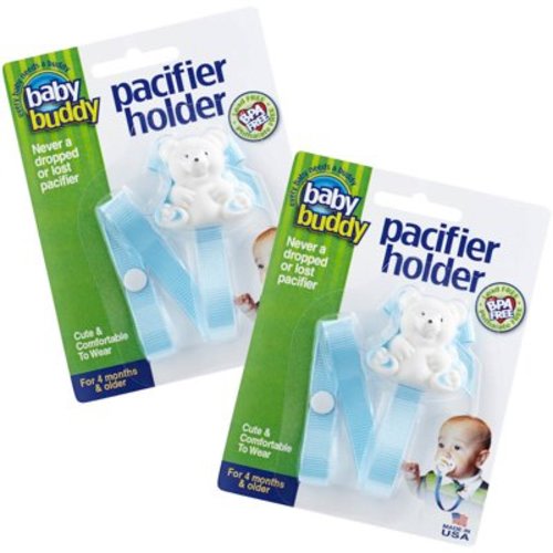 Baby Buddy Pacifier Holder Clip-Cute Fashionable Bear Clips onto Babys Shirt, Snaps to Paci, Teether, Toys, Lt Blue, 2pk