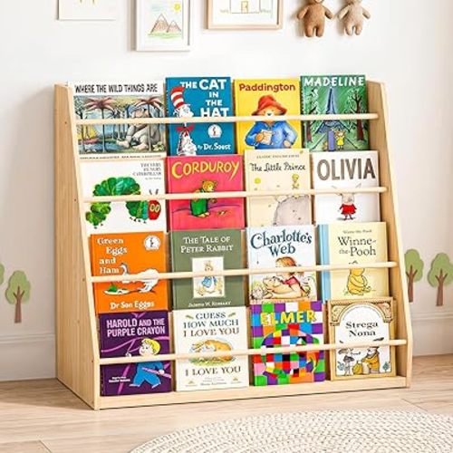 XiaZ Scalloped Kids Bookshelf, 4-Tier Wooden Montessori Display for Toddler