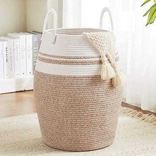 65L Cotton Rope Laundry Hamper by Fiona's magic, Large Woven Tall Laundry Basket for Storage Clothes and Toy in Bedroom, Living Room Organizing, Collapsible, Brown & White