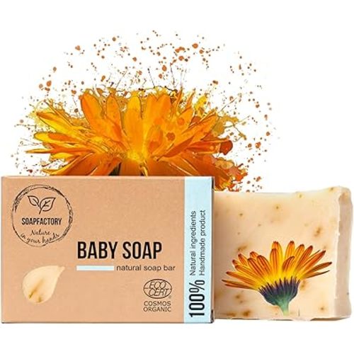SoapFactory Organic Baby Soap Bar with Calendula, 100% Natural Certified, perfect for Sensitive Skin, Vegan, Cruelty Free, Handmade, 3.88 ounce