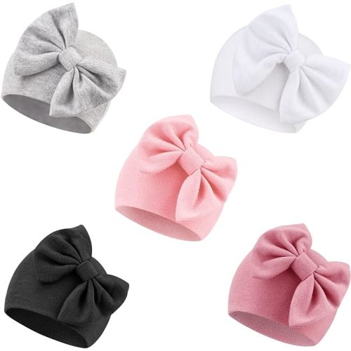 5 PCS Newborn Baby Hats Infant Hospital Hats with Bow Cotton Baby Beanie Caps Newborn Hats for Baby Girls 0-6 Months - 5 Pack Bow Hats a/0-6 Months B