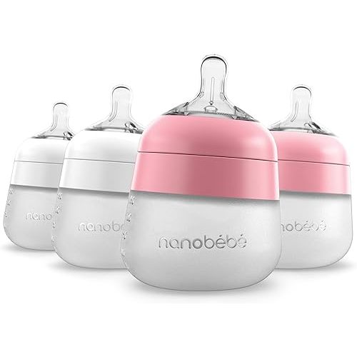 Nanobébé Flexy Silicone Baby Bottle, Anti-Colic, Natural Feel, Non-Collapsing Nipple, Non-Tip Stable Base, Easy to Clean 4-Pack, Pink/White, 5 oz