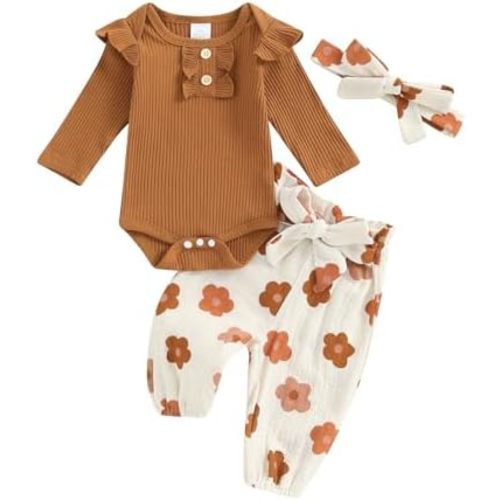 BemeyourBBs Newborn Baby Girl Clothes Ruffle Romper Bodysuit Top Floral Bow Pants Set with Headband Infant Fall Winter Outfit
