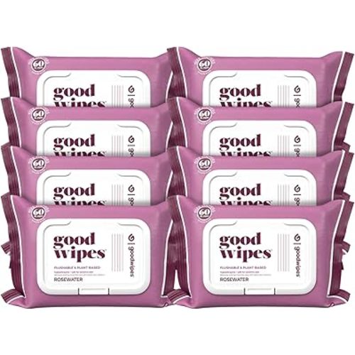 Goodwipes Flushable Butt Wipes Made with Vitamin E & Aloe - Soft & Gentle Wet Wipe Dispenser for Home Use, Septic & Sewer Safe - Largest Adult Toilet Towelettes - Rosewater, 480 Count (8 Packs)