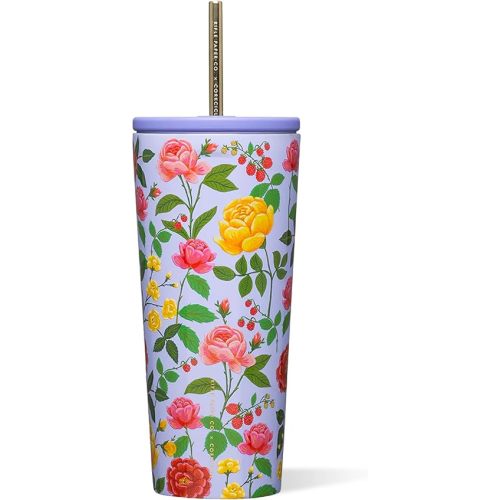 Corkcicle x Rifle Paper Co. Cold Cup Insulated Tumbler with Lid and Straw, Roses Purple, 24 oz – Reusable Water Bottle Keeps Beverages Cold for 12hrs, Hot 5hrs – Cupholder Friendly, Flexible Sip Lid