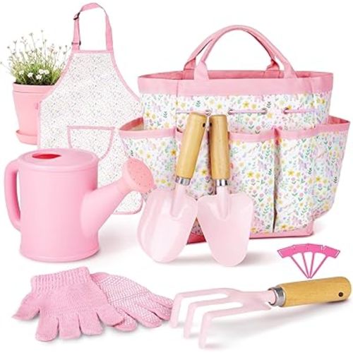Kids Gardening Set, Gardening Tools Kit for Kids and Toddler, Includes Wooden Rake, Two Shovels, Gloves, Watering Can, Apron, and Tote Bag, Outdoor Toys for Girl Boy, Pink