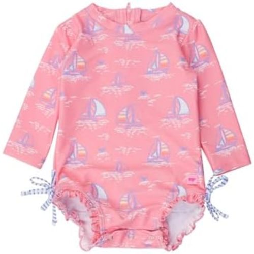 RuffleButts Baby Girls UPF 50+ Sun Protection Novelty Print Long Sleeve One Piece Rash Guard Swimsuit with Zipper