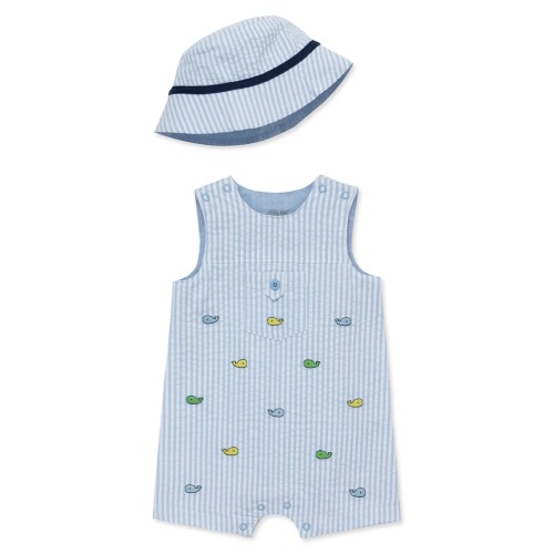 Embroidered Seersucker Cotton Romper & Bucket Hat Set