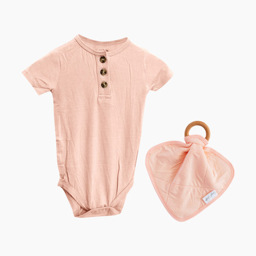 Snuggle Shield LUXE Bamboo 3 Button Bodysuit and Matching Beechwood Lovey Teether Set - Pink, 0-3 M