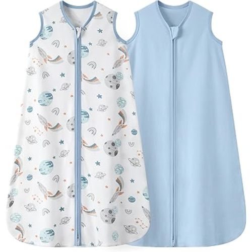 Baby Sleep Sack 0-6 Months 0.5 TOG, 100% Cotton Baby Wearable Blanket 2 Pack with 2-Way Zipper, Lightweight Sleep Bag for Boys & Girls Newborn Infant Breathable Sleeing Sack Blue Rokets