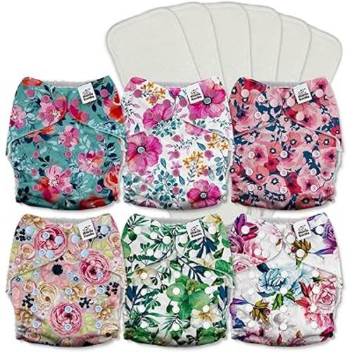 Mama Koala 3.0 Pocket Cloth Diapers for Babies with AWJ Lining, 6 Pack with 6 5-Layer Natural Cloth Diaper Inserts - Reusable and Washable Pocket Diapers(A-Bloomin' Lovely)