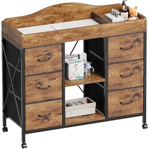 Changing Table, 6-Drawer Baby Dresser with Changing Table top,Waterproof Diaper Changing Station & Pad, 2 Height-Adjustable Open Storage Shelves, Mobile Nursery Organizer, Rustic Brown