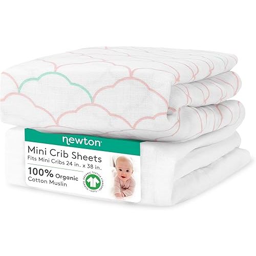 Newton Baby Mini Crib Fitted Sheets (2-Pack) | Organic Muslin Cotton, Ultra Breathable & Soft Baby Sheets, Washable Baby Mattress Sheets, Fits Any Mini Sized Crib 24" x 38", Dreamweaver Coral + White