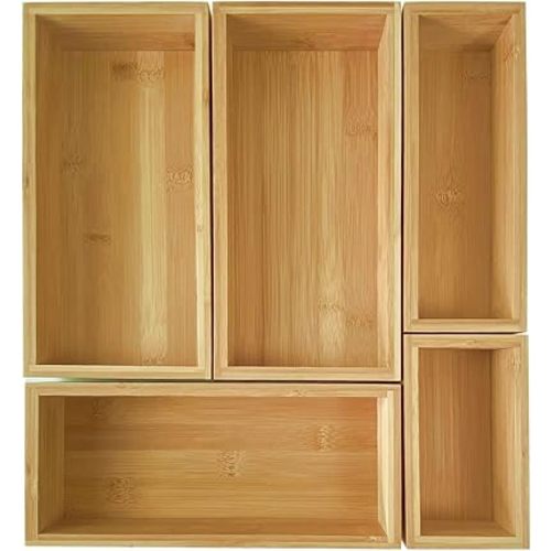 5-Piece Pure Bamboo Drawer Organizer Set - Suit for Kitchen Silverware,Makeup and Desk Organization and More with this Bamboo Drawer Divider