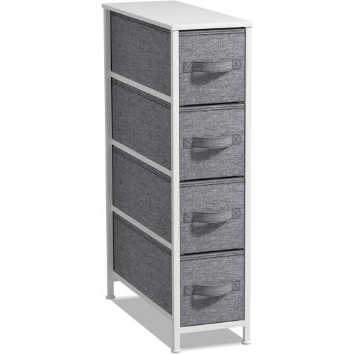 Dresser with 4 Drawers - Vertical Slim Storage Chest of Drawers with Steel Frame, Wood Top & Easy Pull Fabric Bins for Small Spaces, Closets, Bedroom, Bathroom & Laundry (White/Gray)