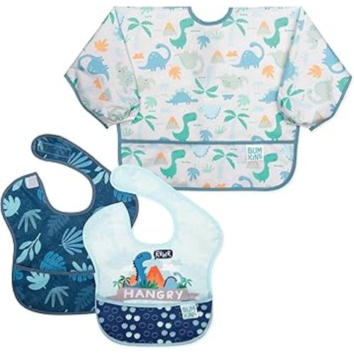 Bumkins SuperBibs & Sleeved Bib, Waterproof Fabric, Always Hangry Dinosaur