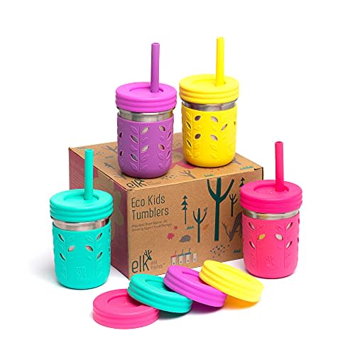 Elk and Friends Stainless Steel Cups | 10 oz Mason Jar design | Kids & Toddler Cups with Silicone Sleeves & Straws with Stopper | Smoothie Cups