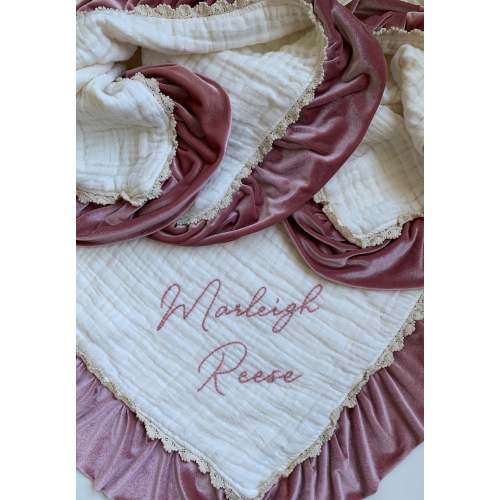 LACE 6 Layer Muslin Velvet Trim Lovey Blanket with Personalized Hand Embroidered Name ~ Custom Baby Gift ~Nursery Decor ~Heirloom Baby Gift