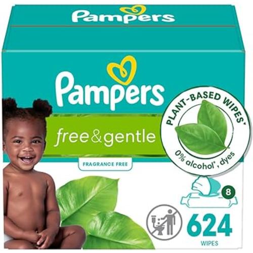 Pampers Free & Gentle 100% Plant-Based Fragrance Free Baby Wipes, 8 Flip-Top Packs (624 Wipes Total)