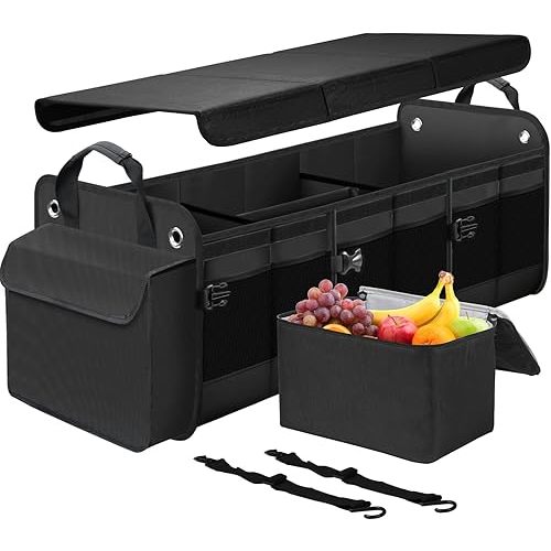 Large Trunk Organizer for Car, SUV, Truck with Removable Cooler Bag-Collapsible Multi Compartments w/Foldable Cover, Non Slip Bottom Cargo Storage (Black)