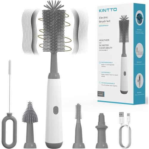 Electric Bottle Brush Cleaner with Rechargeable, Baby Bottle Cleaning Brush Set ,Waterproof Replaceable Nipple and Straw Silicone Brush Grey