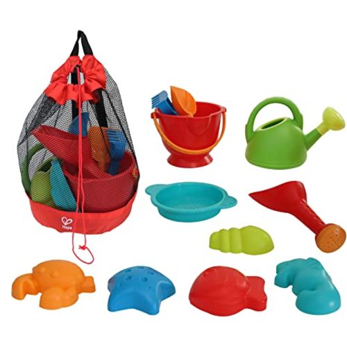 Hape Beach Toy Essential Set, Sand Toy Pack, Mesh Bag Included, E8603 - Red