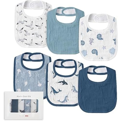 Muslin Baby Drool Bibs for Unisex Boys Girls, 6 Pack Soft Cotton Baby Bib for Teething Drooling, Essentials Shower Gift (6, Blue)