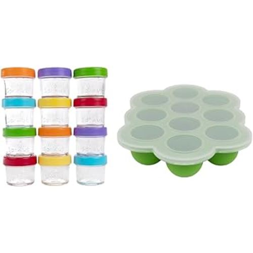 WeeSprout Baby Meal Prep Bundle - Glass Baby Food Storage Jars Containers with Plastic Lids & Silicone Freezer Tray - Microwave, Freezer & Dishwasher Safe - for Baby Food & Breast Milk