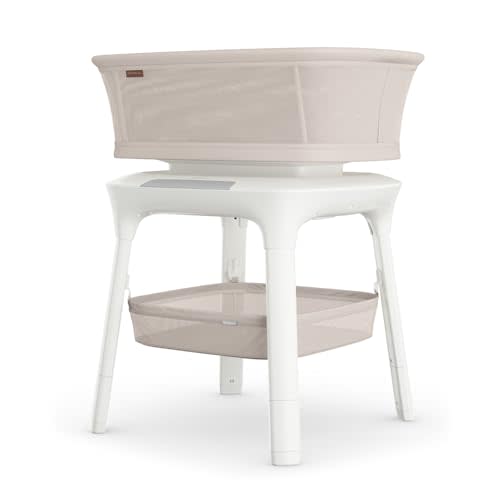UPPAbaby Soma Smart Bassinet – 5 motions + 5 speeds + 4 Sounds with MotionSync Technology – Height Adjustable – Included Mattress, Sheet + Storage Basket – Charlie (Sand Mélange)