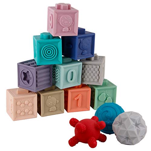 BOBXIN 15 PCS Baby Blocks Toys Soft Stacking Blocks Baby Montessori Sensory Ball Teether Infant Bath Toys Squeeze Play with Numbers Shapes Animals Fruit and Textures Toy for Babies Toddlers 6 Months