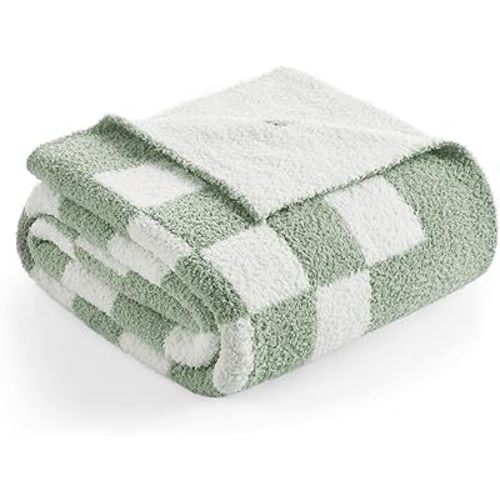 Snuggle Sac Checkered Bedding Blanket Twin Size 60x80, Super Soft Cozy Warm Knit Blankets, Reversible Breathable Lightweight Fluffy Throws for Sofa, Bed, Checkered Sage Green, 60x80 Inches
