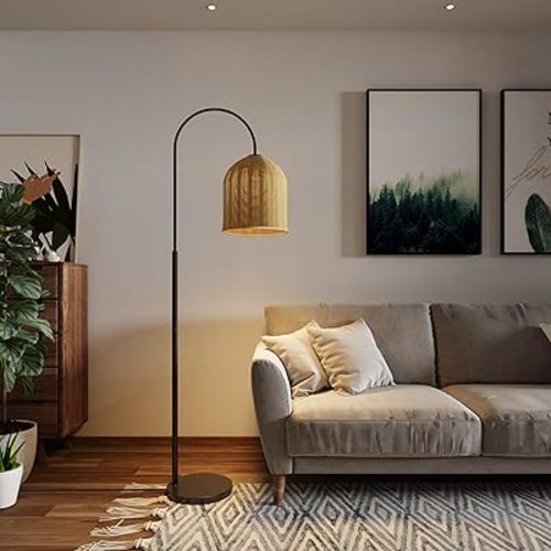 Rattan Floor Lamp, 66in. Boho Floor Lamp with Natural Brown Rattan Shade, Rustic Arc Standing Lamp for Coastal, Beach or Bohemian Style Decor (Coastal-Black)