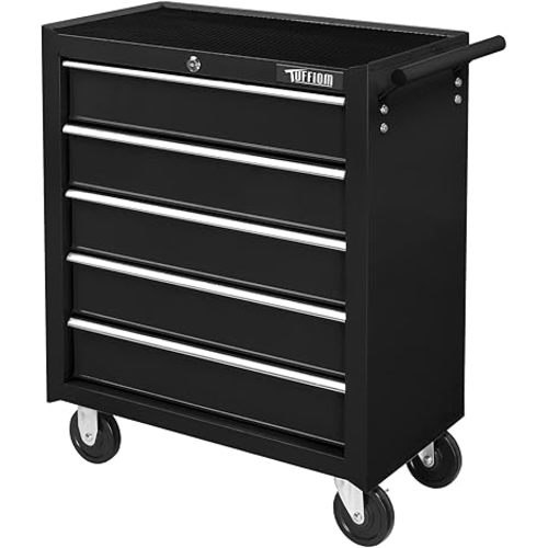 TUFFIOM 5-Drawer Rolling Tool Chest w/Drawers & Lock, Tool Storage Cabinet with Lockable Wheels, Top Cushion & Drawer Liners, Tool Organizer Box for Garage, Warehouse & Repair Sho