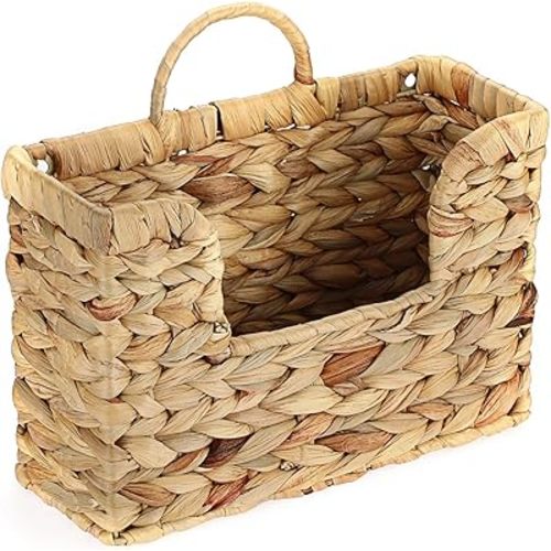 BTSKY Woven Hanging Magazine Holder, Water Hyacinth Magazine Basket, Wall Mounted Storage Basket for Books & Files, Wall File Organizer Magazine Rack with Handle for Home & Office - 11.8x4.3x7.9 Inch