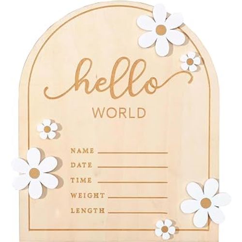 Baby Announcement Sign, Wooden Hello World Newborn Sign Birth Announcement Signs, Hello World Nursery Decor Sign & Photo Prop for Baby, Newborn Boys and Girls Gift