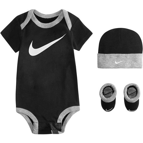 Nike Baby Hat, Bodysuit and Booties 3-Piece Gift Box Set, Black Swoosh, 0/6M