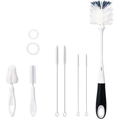 7 Pack Baby Bottle Brush Set, 12.7" Nylon Brush with Hidden Cleaner, 5.4" Nylon & 5.7" Sponge Nipple Brushes, 4 Straw Brushes, 2 Hanging Rings, BPA-Free, Black