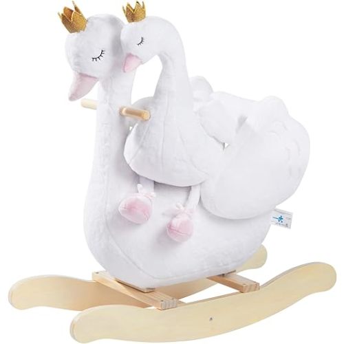labebe Kids Rocking Horse White Swan with Little Plush Doll Toys, Stuffed Animal Wooden Rocker for Children 6 Months Boys and Girls/Nursery Christmas, Birthday Gift (Rocking Swan with Doll)