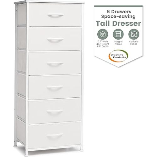 Crestlive Products Tall Dresser for Bedroom Vertical Storage Tower - Sturdy Steel Frame, Wood Top, Easy Pull Fabric Bins, Handles - Organizer Unit for Hallway, Entryway, Closets - 6 Drawers (White)