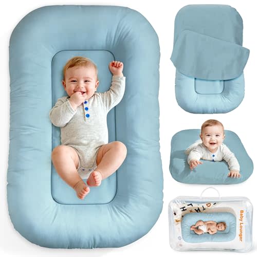 Baby Lounger & Snuggle Nest for Newborn 0-24 Months, Baby Nest Supervised Breathable Cotton for Newborn, Breathable Portable Infant Lounnger for Travel and Home, Blue (Lounger Cover Included）