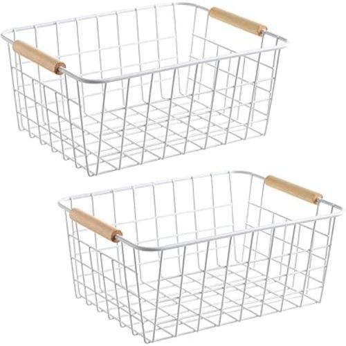 LeleCAT white wire baskets with Wooden Handles Storage Organizer Baskets, Household Refrigerator for Cabinets, Pantry, Closets, Bedrooms, kitchen - Set of 2(White)