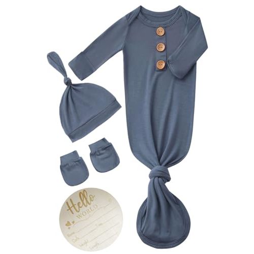 Newborn Baby Knotted Gown Headband/Hat Set Clothes Bamboo Viscose Sleep Gown with Announcement Sign