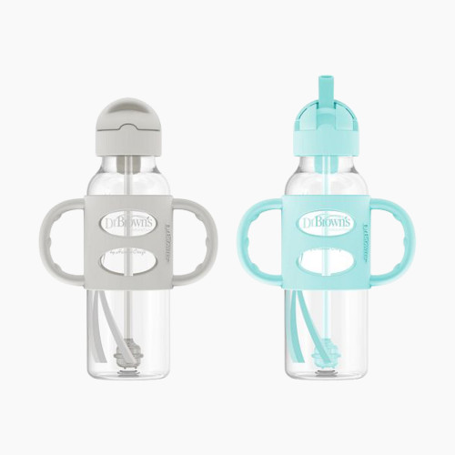 Dr. Brown's Narrow SIPPY STRAW Bottle 3/Silicone Handles - Gray & Green, 8 Oz, 2