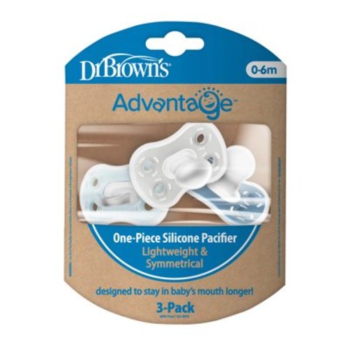 Dr. Brown's Advantage One-Piece Silicone Baby Pacifier, Fully Symmetrical Soother, Blue, 0-6m, BPA Free, 3 Pack