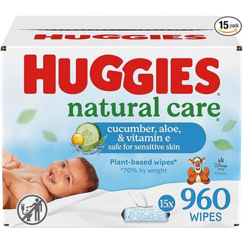 Huggies Natural Care Cucumber, Aloe and Vitamin E Baby Wipes, Hypoallergenic, Scented, 15 Flip-Top Packs (960 Wipes Total), Packaging May Vary